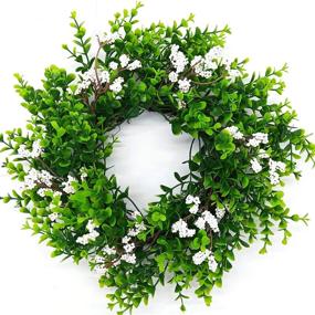 img 4 attached to 🌿 15-Inch Artificial Boxwood Wreath with Green Leaves, Small White Berries, and Full Round Greenery - Ideal for Front Door Festivals, Celebrations, Parties, and Home Decorations