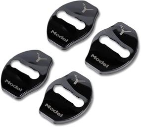 img 4 attached to 🚪 Enhance your Tesla Model Y's Door Latch with Premium Stainless Steel Striker Buckle Cap Protection Covers [4 Pcs - Black Piano Pattern + Logo]