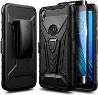 📱 e-began moto e6 case with tempered glass screen protector (full coverage), belt clip holster kickstand protective hybrid cover heavy duty armor defender shockproof rugged case (black) - enhanced seo logo