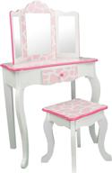 💄 teamson kids pretend play vanity table and chair set with mirror, makeup dressing table and drawer, fashionable giraffe print design, gisele pink and white vanity set for kids logo