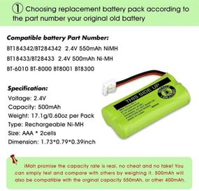 img 1 attached to 🔋 iMah BT18433/BT28433 2.4V 500mAh Ni-MH Cordless Phone Battery - Compatible with AT&amp;T BT184342/BT284342 BT8300 BT1011 BT1018 BT1022 BT1031 2SN-AAA55H-S-J1 CS6120 CS6209 CL80109 EL52419 - 2-Pack
