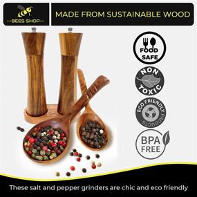 img 2 attached to 🧂 Salt and Pepper Mill Set by Bees Shop - Wooden Seasoning Shakers with Robust Ceramic Grinder, Tray Included - Refillable Condiment Dispenser with Natural Wood Finish, Ergonomic Design - 8.5x2.25x2.25 inches