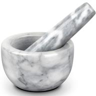 small marble mortar and pestle set: solid stone grinder for spices, herbs, pills - white logo