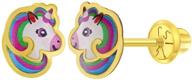 🦄 colorful hand-painted unicorn earrings for girls - 14k yellow gold screw backs logo