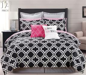 img 1 attached to Chic Queen Comforter Set - Black, White, and Pink Modern Bedding with 12 Pieces - Complete Bed in A Bag: Sheets, Pillow Cases, Euro Shams, and Accent Pillows