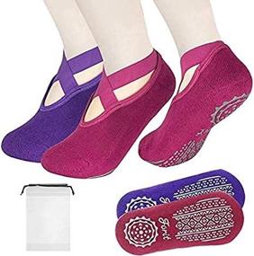 img 1 attached to 🧦 FORIT Yoga Socks for Women: Non-Slip Grips & Straps, Perfect for Pilates, Barre, Ballet, Dance, Barefoot Workout – Rose and Purple, Size 4-8