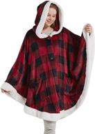 🔴 stylish plush red checker hooded poncho blanket shawl for women - cozy, soft fleece with sherpa lining, pockets included, 50"x 64 logo