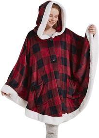 img 4 attached to 🔴 Stylish Plush Red Checker Hooded Poncho Blanket Shawl for Women - Cozy, Soft Fleece with Sherpa Lining, Pockets Included, 50"x 64