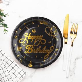 img 1 attached to VAINECHAY Happy Birthday Party Supplies Set - Plates, Napkins, Cups, Disposable Paper Tableware, Tablecloth, Banner, Straws - Serve 25 Guests, Black and Gold