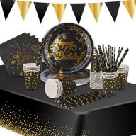 vainechay happy birthday party supplies set - plates, napkins, cups, disposable paper tableware, tablecloth, banner, straws - serve 25 guests, black and gold логотип