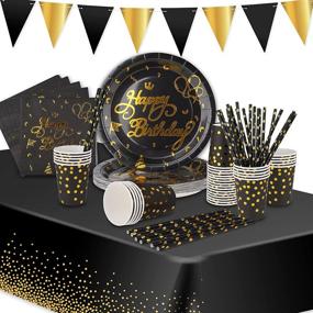 img 4 attached to VAINECHAY Happy Birthday Party Supplies Set - Plates, Napkins, Cups, Disposable Paper Tableware, Tablecloth, Banner, Straws - Serve 25 Guests, Black and Gold