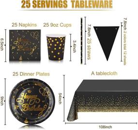 img 2 attached to VAINECHAY Happy Birthday Party Supplies Set - Plates, Napkins, Cups, Disposable Paper Tableware, Tablecloth, Banner, Straws - Serve 25 Guests, Black and Gold