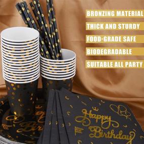 img 3 attached to VAINECHAY Happy Birthday Party Supplies Set - Plates, Napkins, Cups, Disposable Paper Tableware, Tablecloth, Banner, Straws - Serve 25 Guests, Black and Gold