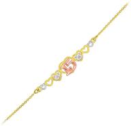 💖 14k tri-color gold quinceanera hearts bracelet 7" with 0.5" extension - sweet 15 anos logo