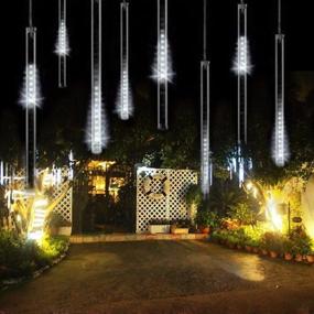 img 1 attached to 🎄 Battery Powered LED Meteor Shower Christmas Icicle Lights - 11.8in, 144 LEDs, 8 Tubes, Snow Fall Icicle Raindrop Decor Lights for Holiday Party Wedding Christmas Tree - Remote Controlled, Timer, Dimmable, Cool White