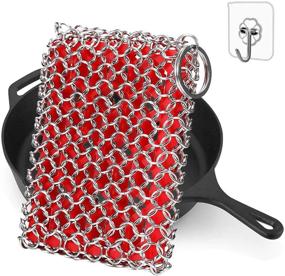 img 4 attached to 🌟 Premium Cast Iron Skillet Cleaner: Stainless Steel Chainmail Scrubber with Silicone Insert for Effortless Cleaning of Castiron Pan, Griddle, Baking Pan