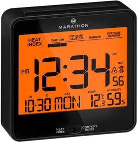 img 4 attached to ⏰ Black Marathon Digital Atomic Alarm Clock with Heat and Comfort Index Features - Push-Button Backlight, Indoor Temperature, Calendar/Ideal for Bedside, Desk, Hotel Use - Batteries Included