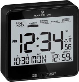 img 3 attached to ⏰ Black Marathon Digital Atomic Alarm Clock with Heat and Comfort Index Features - Push-Button Backlight, Indoor Temperature, Calendar/Ideal for Bedside, Desk, Hotel Use - Batteries Included