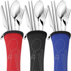 img 4 attached to 🍽️ Arroyner 3 Pack Reusable Tableware Sets Knife, Fork, Spoon, Chopsticks, 12Pcs Travel Stainless Steel Dinnerware with Carrying Case - Portable and Durable