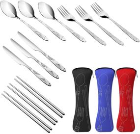 img 2 attached to 🍽️ Arroyner 3 Pack Reusable Tableware Sets Knife, Fork, Spoon, Chopsticks, 12Pcs Travel Stainless Steel Dinnerware with Carrying Case - Portable and Durable