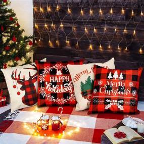 img 2 attached to 🎄 YARNOW 18x18 inch Christmas Throw Pillow Covers: Festive Set of 4 Cotton Linen Cases for Holiday Decorations