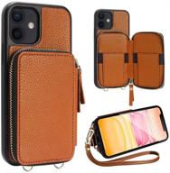 📱 zve iphone 11 wallet case with card holder slot and zipper handbag - brown, 6.1'' protective leather case logo