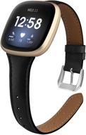 👩 poshei slim leather bands for fitbit versa 3 / fitbit sense - genuine thin leather replacement wristband for women (black) logo