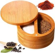 🎋 bamboo salt and pepper box container - salt box salt keeper for kitchen with swivel lid and magnet, 2 storage compartments (4.72 x 2.36 inch) - keep food dry logo