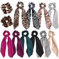 🐆 jaciya 12 pack leopard hair scarf scrunchies - chiffon hair accessories for women, soft ponytail bobbles with ribbon ties - elegant hair scrunchies in 12 colors logo