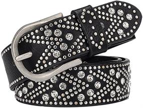 img 2 attached to 👸 YAMEZI Ladies' Silver Gray Vintage PU and Cow Composite Rhinestone Studded Rivets Western Belt