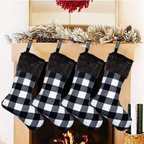 img 2 attached to 🎅 Set of 4 Yoochee Christmas Stockings, 18-inch Large Buffalo Plaid Stockings for Festive Decor, Long-Lasting Red and Black Checked Xmas Stocking (Plush Black Cuff, Black & White)