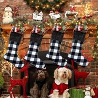 🎅 set of 4 yoochee christmas stockings, 18-inch large buffalo plaid stockings for festive decor, long-lasting red and black checked xmas stocking (plush black cuff, black & white) logo