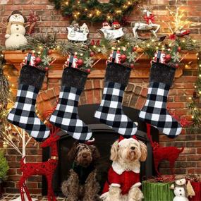img 4 attached to 🎅 Set of 4 Yoochee Christmas Stockings, 18-inch Large Buffalo Plaid Stockings for Festive Decor, Long-Lasting Red and Black Checked Xmas Stocking (Plush Black Cuff, Black & White)