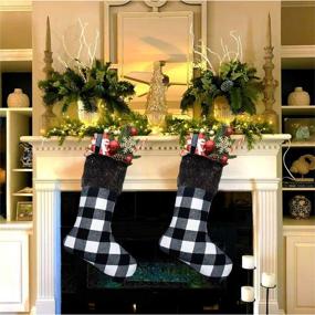 img 1 attached to 🎅 Set of 4 Yoochee Christmas Stockings, 18-inch Large Buffalo Plaid Stockings for Festive Decor, Long-Lasting Red and Black Checked Xmas Stocking (Plush Black Cuff, Black & White)