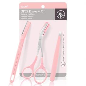 img 4 attached to 🛀 KASI 3pcs Stainless Steel Eyebrow Tweezers, Scissors, and Razors Set - Eyebrow Trimmer Shaver Shaper Kit with Comb for Women and Men - Pink
