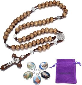 img 3 attached to Catholic Vintage Cross Ornament Rosary Necklace - LH1028: Handmade Line, Round Wooden Bead Christian Rosary