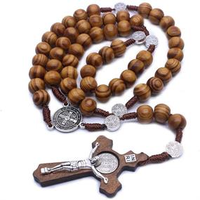 img 1 attached to Catholic Vintage Cross Ornament Rosary Necklace - LH1028: Handmade Line, Round Wooden Bead Christian Rosary