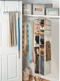 img 1 attached to mDesign Soft Fabric Over Rod Hanging Closet Organizer: Shoe, Boot, 👠 Handbag, and Accessories Storage - 16 Section Chevron Zig Zag Print in Taupe/Natural