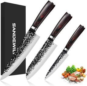img 4 attached to 🔪 Комплект кухонных ножей премиум-класса: ножи для шеф-повара из высокоуглеродистой стали немецкого производства (3 шт.) - нож шеф-повара 8", нож сантоку 7" и нож утилитарный 5". Идеально подходит для использования дома или в ресторане!