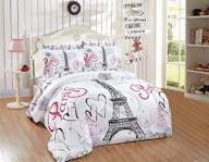 🗼 premium paris-themed linen set for kids/teens/girls: smart comforter bedding with eiffel tower, hearts, and flowers - white/black/pink (queen size) logo