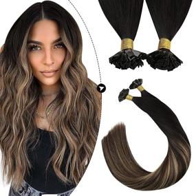 img 4 attached to 🔥 Ugeat Flat Tip Pre Bonded Hair Extensions: 18inch Keratin Tip, 100% Real Human Hair - 50g, 1g/strand, Ombre Shades: #1B Off Black, #4 Dark Brown, and #27 Caramel Blonde