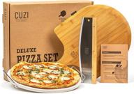 🍕 cuzi gourmet deluxe 4-piece pizza stone set - 13" thermal shock resistant cordierite pizza baking stone, 19" natural bamboo pizza peel & pizza cutter rocker - large pizza stone for grill and oven logo