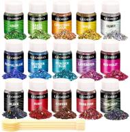 🌈 leobro holographic chunky glitter set – 15 vibrant colors with stir spoons. perfect for resin crafts, nail art, body, and face glitter. great for cosmetic use and slime making! logo