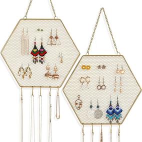 img 4 attached to 📏 Gold Hexagon Wall Earring Organizer: Hanging Earring & Jewelry Holder for Earrings, Necklaces, Bracelets - 2 Pack with Hanging Hooks