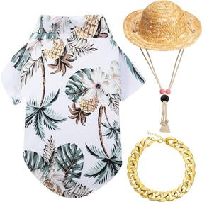 img 4 attached to 🐶 Pet Dog Hawaiian Shirt Summer Beach Cool T-Shirts + Summer Straw Hat + Golden Chain Collar - Small to Large Dog Sizes (White, Coconut Tree)