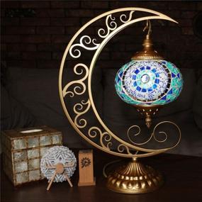 img 3 attached to COMMODA Handcrafted Turkish Moroccan Mosaic Glass Moon Shape Table Lamp Light with Bronze Base - Stunning Unique Room Decoration for Desk, Bedside, and More (Blue)