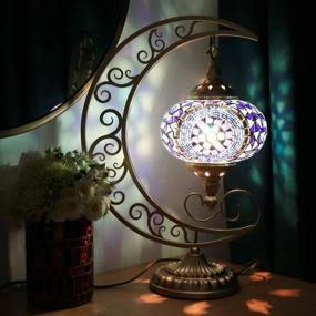 img 4 attached to COMMODA Handcrafted Turkish Moroccan Mosaic Glass Moon Shape Table Lamp Light with Bronze Base - Stunning Unique Room Decoration for Desk, Bedside, and More (Blue)