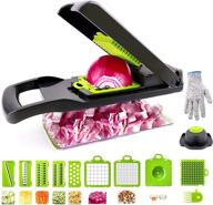 🥕 enhanced vegetable slicer with kitchen mandoline, veggie cutter grater, chopper, julienne slicer, cut-resistant gloves, and food storage container tool logo