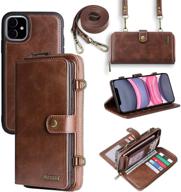 📱 multi-functional iphone 11 wallet case with detachable magnetic card holder & lanyard, 13 card slots, pu leather flip cover - brown logo