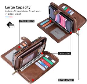 img 3 attached to 📱 Multi-functional iPhone 11 Wallet Case with Detachable Magnetic Card Holder & Lanyard, 13 Card Slots, PU Leather Flip Cover - Brown